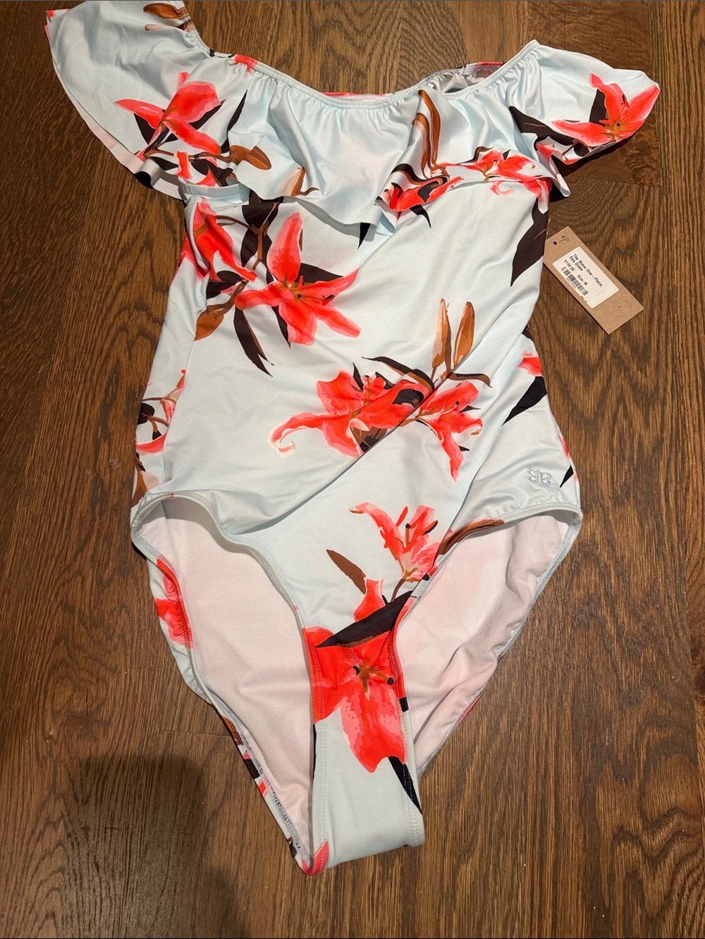 Albion Floral Ruffle One-Piece Swimsuit - Light Blue with Coral Flowers